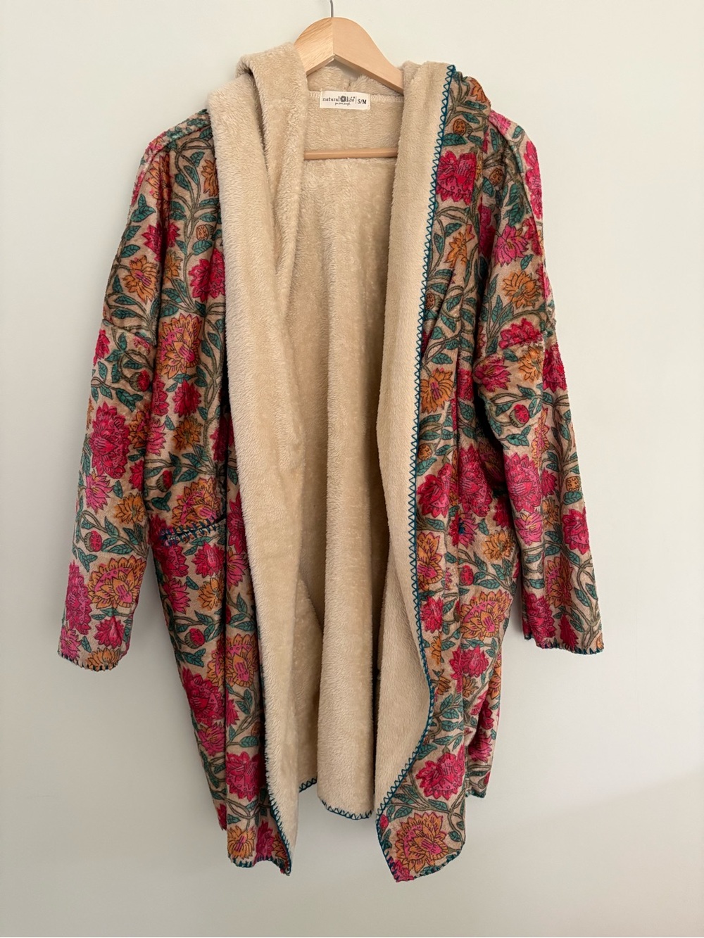 Natural Life Oversized Sweater Cardigan Floral Sherpa Hood Fleece Size S/M